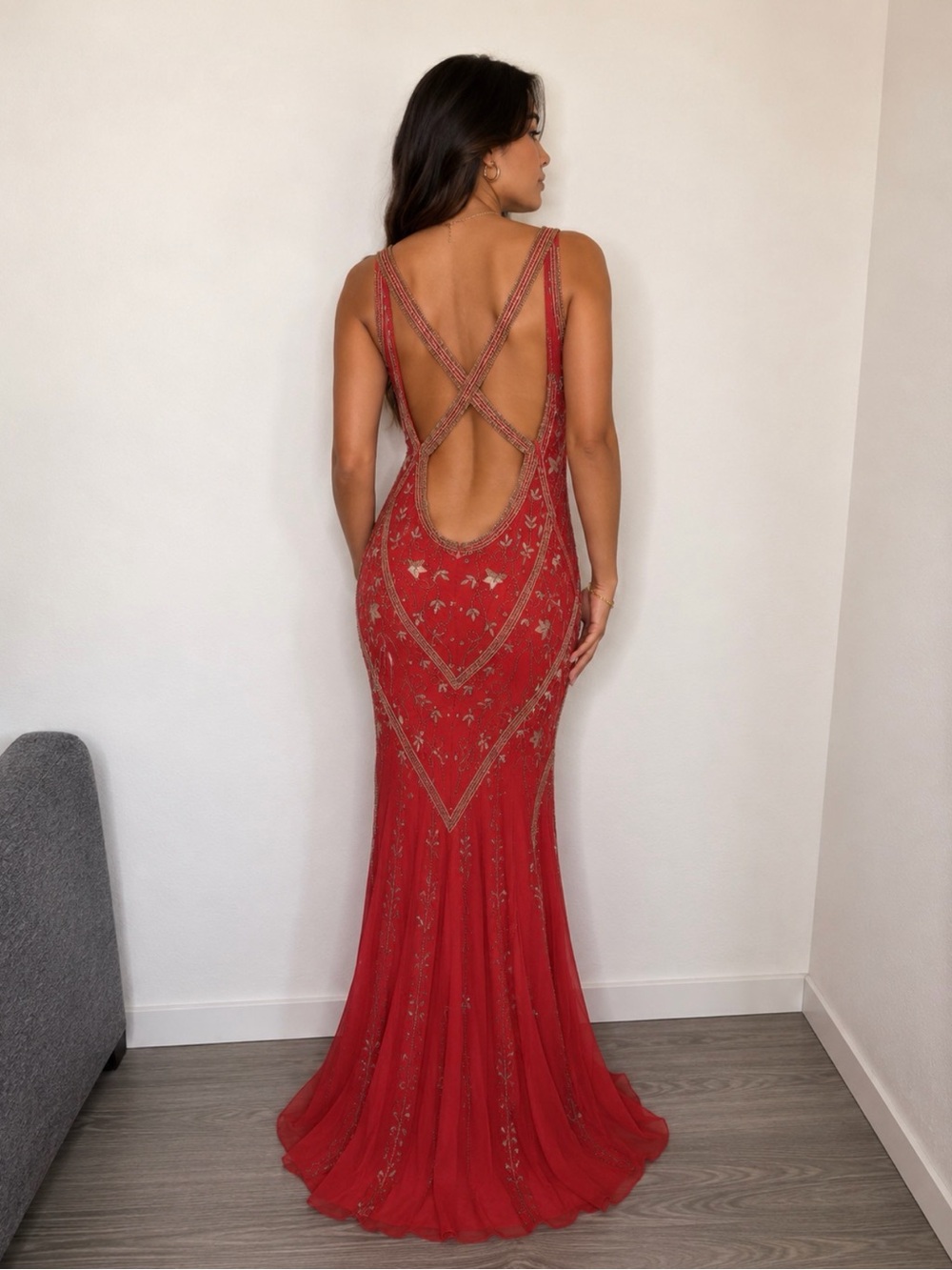 CACHÉ LUXE Coral Beaded Allover Floral Open Back Floor Length Gown Vintage Sz 2 - Picture 14 of 15